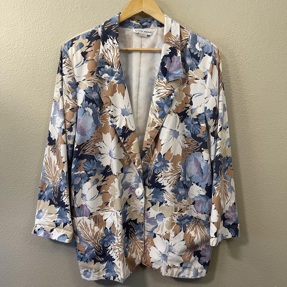 VTG Kenneth Mitchell Floral Blazer Brown Blue Costal Grandma Cottagecore Size 14